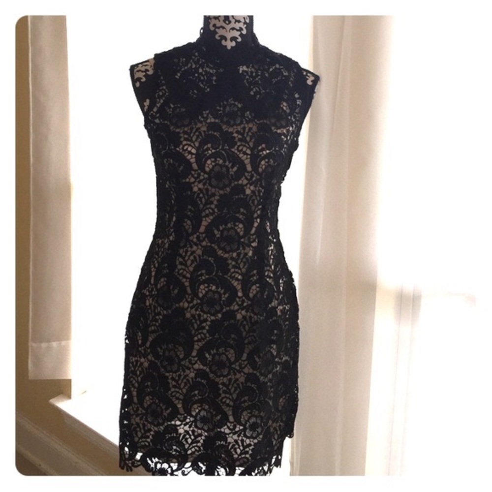 Black lace dress with champagne gold slip